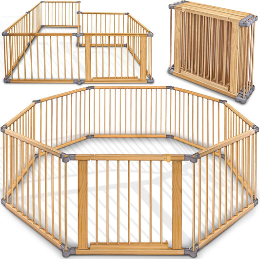 HEMUYT Parc Bébé 90x90cm Pliable En Bois Massif Avec Tapis - Enclos Bébé Pin Naturel Non Verni, Porte De Sécurité, Facile à Monter
